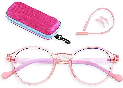 ANDWOOD Blue Light Glasses Kids Girls Boys Computer Gaming Anti Blue Ray Age3-12 Unbreakable TR90 Frame With Case Pink