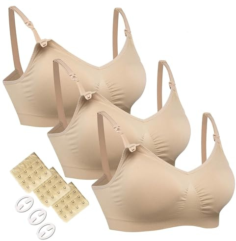 HOFISH 3-pack behåar för kvinnor, utan bygel, sömlös, med extra bh-förlängningar och klämmor, Fast: Beige X 3, XXL