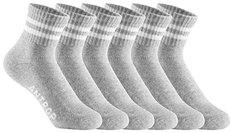 Antrop Quarter Crew Cotton Heel Tab Athletic Running Cushion 6 Pairs Socks, Grey, 9-12