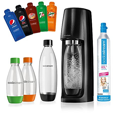 SodaStream Easy Wassersprudler-Set Vorteilspack PEPSI mit CO2- Zylinder, 2x 1 L PET-Flasche, 2x 0.5 L PET-Flasche, 5x Pepsi Sirupproben, schwarz, 1011714495