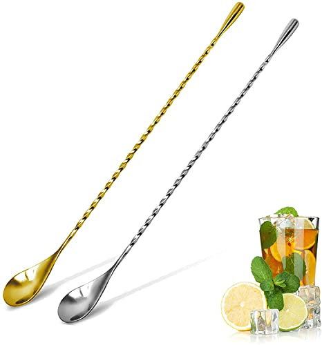 LATRAT Juego de 2 cucharas de bar de acero inoxidable, cucharas de cóctel largas para latte macchiato, cucharas mezcladoras de acero inoxidable, diseño en espiral