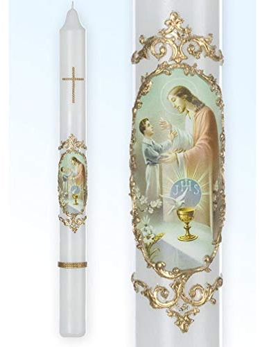 Kommunionkerze für Jungen 30/400 mm Nostalgie Vintage Gold matt mit Taube