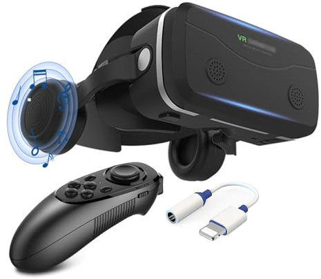 VR Casque Lunettes avec Écouteurs et Manettes, Casque de Réalité Virtuelle Glasses VR Lunettes pour Films 3D Jeux Vidéo Compatible avec Smartphones iPhone Android de 4,7 à 7,2 Pouces pour Adolescents