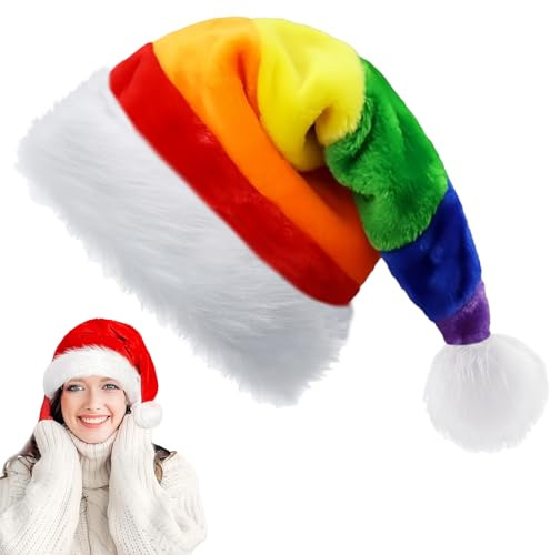 YAAVAAW Cappello Natale Donna Uomo,32 * 45cm Deluxe Peluche Cappello di Babbo Natale Arcobaleno per Adulti Bambini,Unisex Cappelli Accessori Decorazioni Regali Festa Costume Morbido e Confortevole