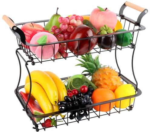 RISVOWO 2 Stockig Obstkorb Etagere, Obst Etagere mit Holzgriff, Abnehmbar Metall Obstschalen, Küchen Organizer für Aufbewahrung, Gemüse, Snacks,Obstetageren Obstschale für Hause, Küche, Büro(Schwarz)