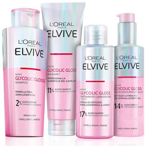 L'Oréal Paris Elvive Routine con Shampoo, Balsamo, Trattamento Laminazione 5 Minuti e Siero Senza Risciacquo, Per Capelli Spenti e Porosi, Luminosità Intensa, Con Acido Glicolico, Glycolic Gloss