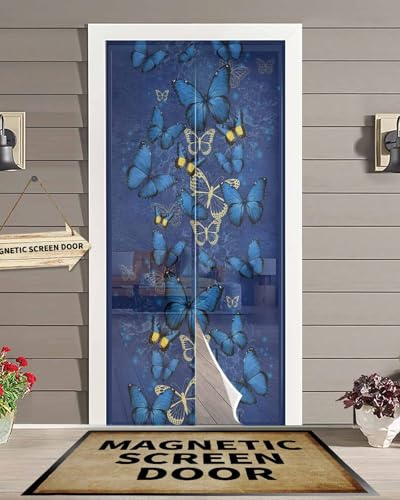 Hokiten Screen Door 38x83 Blue Butterfly Door Screen Magnetic Closure, Yellow Navy Blue Butterfly Art Hands Free Magnetic Screen Door for Single/Sliding/Front Door