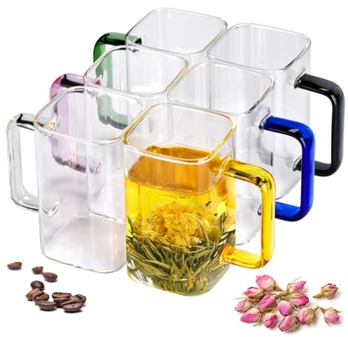 QHYK Bicchieri da caffè, set di 6 tazze da trasparentecaffè da 300 ml, manici colorati, bicchieri quadrati dal design unico, per tè, bevande, cappuccino, matrimoni e feste
