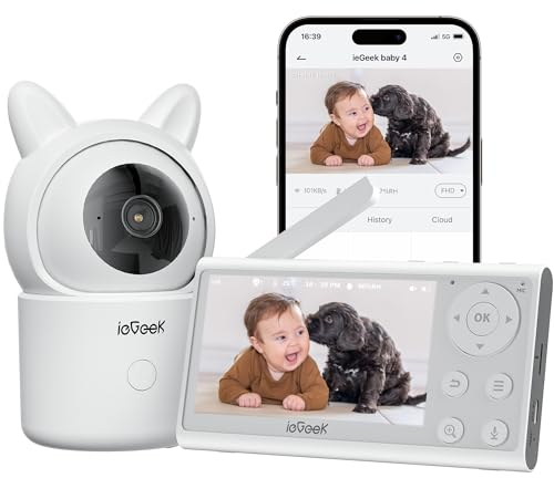 ieGeek Babyphone mit Kamera und App, Intelligente Nachtsicht，1080P/4,3 Zoll WLAN Video Babyfon PTZ 355°, Automatische Verfolgung, Bewegungs/Geräuscherkennung, Temperaturanzeige,Mobile App Steuerung