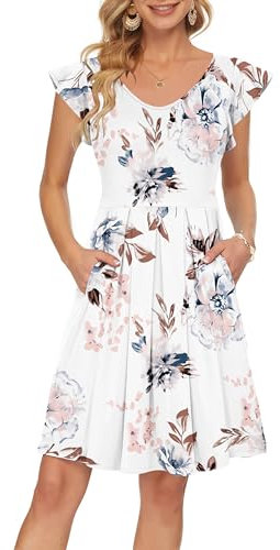 PLOKNRD Summer Midi Dresses for Women UK V-Neck Ruffle Short Sleeve Ladies Dress with Pockets Casual Knee Length Beach Coverup Dress(Floral White All,S)