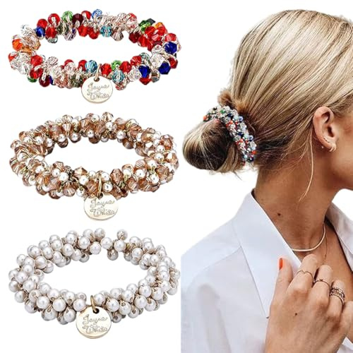 LONZIKP 3 Piezas Scrunchies de Cristal con Perlas y Strass, Elásticos para el Cabello para Mujeres y Niñas, Accesorios para el Cabello de Coleta (7cm x 5.5cm)