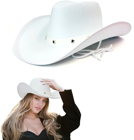 Lizzy 1 x White Cowboy Hat with Silver Studs and Cord (Adult) | Girls Wide Brim Wild West Western Sheriff Womens hat Halloween Cow Girl Hats Costume for Fancy Dress Accessories (1)