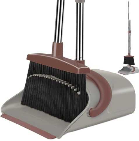 Ivandar Broom with Dustpan Combo Set, 50.6 inch Long Handle, Upright Standing Broom and Dustpan Set Quiet Cleaning Tool Sweep the Floor Dust pan Removes 4 Times More Pet Hair(Brown and Gray)