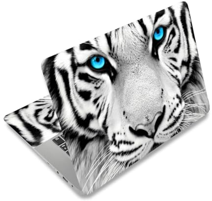 PLIGREAT Pegatina para portátil de tigre blanco con ojos azules, apta para portátiles de 12, 13, 13,3, 14 15, universal, extraíble, vinilo, protección artística para PC