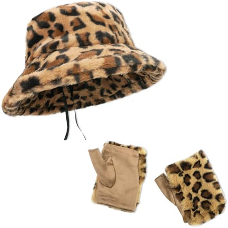 Ensemble de Chapeau de Pêcheur à Imprimé Léopard et de Gants sans Doigts Femme Hiver,Chapeau Fourrure Bob Hiver Thermiques,Mitaine Femme Chauds avec Doublure Polaire,Cadeau Dames