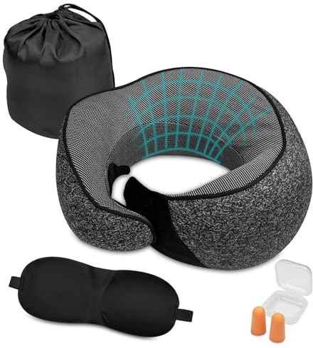 Ravytha Almohada de Viaje Espuma Memoria, Cojin Cuello Viaje Ergonómica, Cojin Cervical con Máscara de Ojos, Tapones y Bolsa, Reposacabezas Avion Ajustable para Oficina, Casa, Coche, Tren(Gris Oscuro)