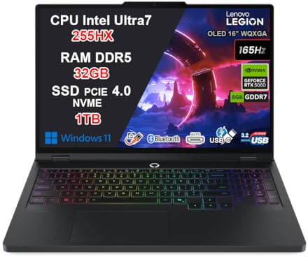 Lenovo Legion Pro 5 Pc Gaming Portatile ULTRA 7 255HX 20 Core, 32 GB RAM DDR5, GeForce RTX 5060 8GB, SSD 1TB, Notebook Gaming Oled Display 16 165Hz, Laptop Gaming Tastiera RGB, WiFi 7, Thunderbolt 4