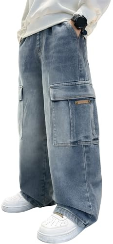 NEAWEALY Boys Baggy Jeans Teenager Cargo Trousers Wide Leg Streetwear Hip Hop Pants