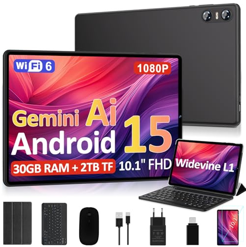 Biegedy 2026 Tablet 10 Pollici Android 15, 30GB RAM + 2TB TF, Gemini AI, Octa-Core, 5G WiFi 6, Widevine L1, GMS, GPS, BT 5.0, 6000mAh, 5MP+8MP, Tablet in Offerta con Tastiera, Mouse - Nero