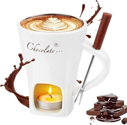 Byffoer Set di fonduta di cioccolato in ceramica, 200 ml, tazza per sciogliere il cioccolato, set per fonduta con forchetta e tealight per formaggio, cioccolato, burro caramello (bianco)