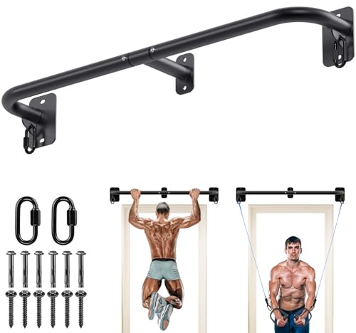 SELEWARE Heavy Duty Wall Mount Pull Up Bar, 450LB Capacity Joist Mount Chin Up Bar for Doorway, Sturdy Steel Construction, w/Resistance Band Hooks, Fits 32 Wall Studs for Home Gym Strength Training