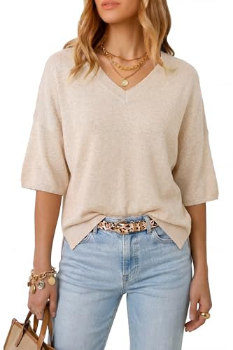 Arach&Cloz Women's Jumpers Wool Blend Oversized Ladies Tops Summer Midi-Sleeve V-Neck Work Casual Shirt Sweaters(Apricot, L)