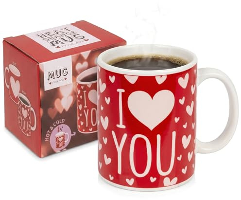 MIJOMA Tazza termica I Love You – Tazza con motivo a cuore – Magica tazza da caffè in gres – Idea regalo per innamorati, San Valentino, anniversario, coppia