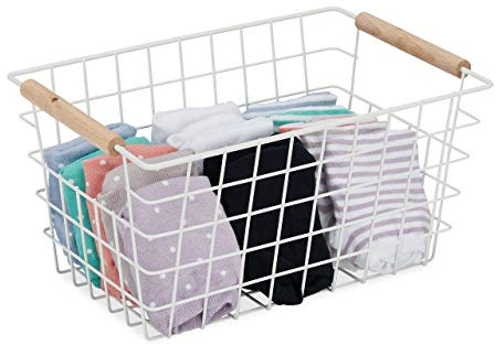 Relaxdays 5 x Drahtkorb, Holzgriffe, rechteckig, Gitter Design, Kleidung, Accessoires, Metallkorb, HBT: 16x31x21 cm, weiß