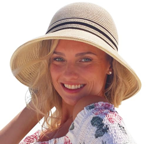 Comhats Womens UPF 50 Floppy Summer Straw Beach Sun Hat Crushable Panama Hats Wide Brim Foldable 60cm Beige L