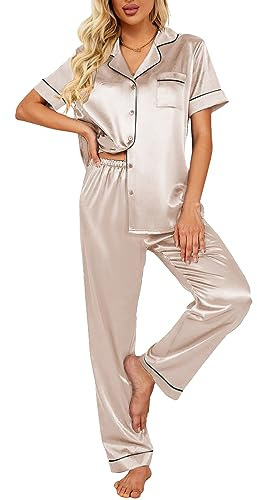 Ekouaer Silk Satin Pajamas Set Women Short Sleeve Sleepwear Soft Button Down Loungewear Pjs Set Champagne X-Large