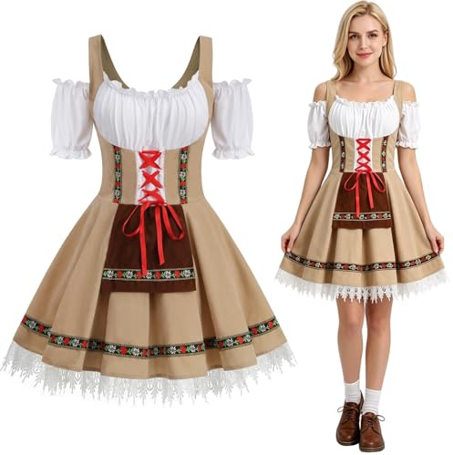 maxToonrain Oktoberfest-outfit för kvinnor, tysk, öl, bayersk, traditionell, kortärmad, sammet, halloween-dräkt, hembiträde, klänning för kvinnor (khaki, S)