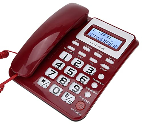 Teléfono con Cable de Botón Grande con Pantalla de Identificación de Llamadas de Altavoz, Teléfono de Escritorio para el Hogar Teléfono Fijo con Función de Calculadora para (Rojo)