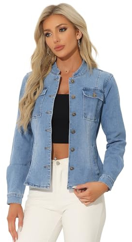 Allegra K Chaqueta vaquera casual para mujer, clásica, cuello alto, manga larga, chaqueta vaquera