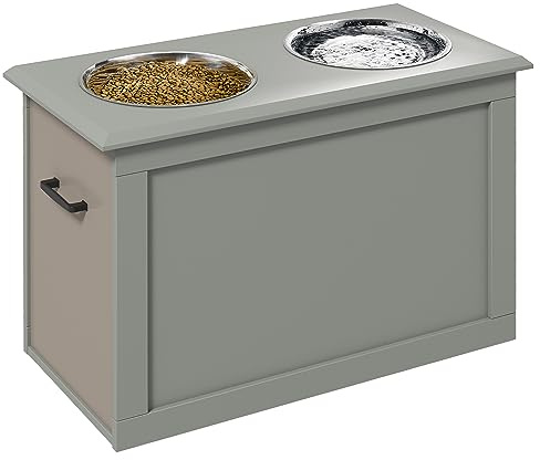 PawHut Erhöhter Hundenapf Futternapf mit Staumraum Wassernapf 2 x 2000ml Edelstahlnäpfen Hundenäpfe Fressnapf Futterstation für Hunde Katzen Grau