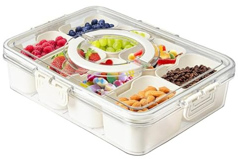 Plastic Divided Serving Tray with Lid and Handle Snack Box Charcuterie Container Portable Snack Platters Organizer for Candy, Fruits, Snacks, Nuts, for Party, Entertaining (White 8 compartments)