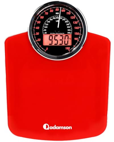 Adamson Hybrid - 2-in-1 Digitale & Analoge Körperwaage bis 180 kg - Dickes Hartglas - Extra Große Anzeige - Einfach Ablesbare Digitale Personenwaage- NEU 2025 - Rot