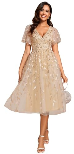 Ever-Pretty Abiti Eleganti Cerimonia Donna Senza Schienale Paillettes Scollo a V Vita Impero Abiti da Sposa Donna Oro 40