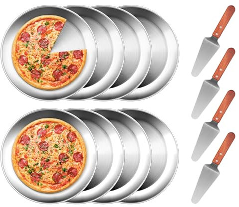 tchrules 10 Inch Pizza Pan Set of 8, Stainless Steel Pizza Tray, Round Non-Stick Coating Pizza Plate for Oven Kitchen Baking Home Restaurant, Dishwasher Safe （Silver