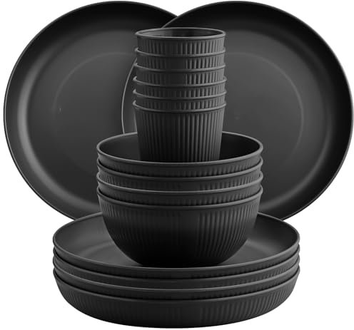 FUNYKICH 18PCS Black Plastic Plates and Bowls Set, Unbreakable Dinnerware Sets, Microwave & Dishwasher Safe