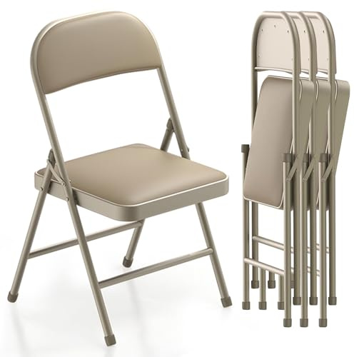 chaise pliante exterieur, chaises pliantes en métal, set de 4 chaises pour camping cuisine salle a manger, chaise de jardin pliante, chaise pliante confortable interieur avec coussin en cuir, kaki