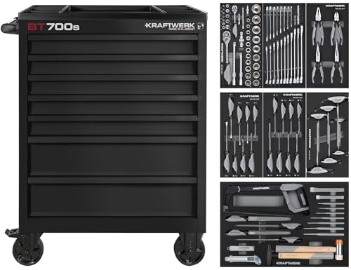 Kraftwerk Werkstattwagen Made in Germany | Werkzeugwagen bestückt mit 113 Profi Werkzeugen | Stabile Doppelwandige Stahlblech-Konstruktion | Kraftwerk Werkstattwagen bestückt Art. Nr. 102.107.BLK2
