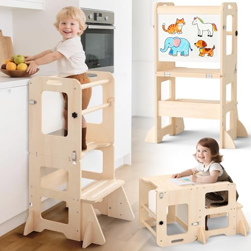Torre Montessoriana Bambini da 1 Anno, 4 in 1 Torre Montessoriana Pieghevole per L'Apprendimento in Piedi, Torre Montessori con Lavagna e Lavagna Bianca, Regalo per Bambini e Bambine da 1 a 3 Anni
