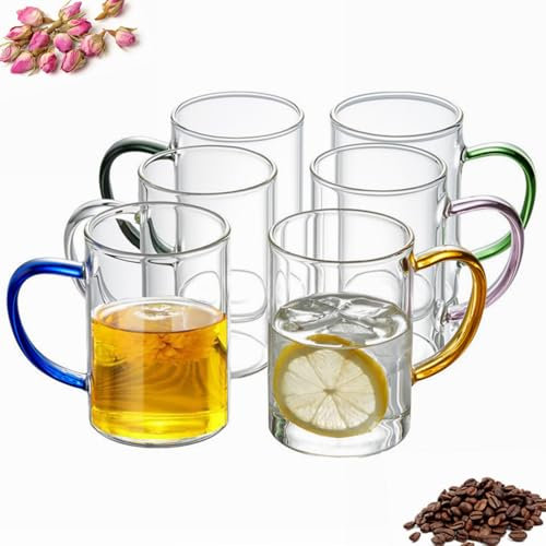 ANWONE Juego de 6 vasos de café transparentes, 315 ml, con mango de color, resistentes al calor, vasos de café latte macchiato, tazas de té, para fiestas y restaurantes, juego de 6
