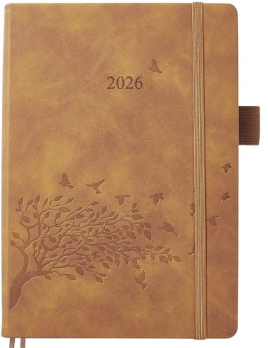 Kalender 2026 A5 1 Tag 1 Seite, Terminplaner & Tagesplaner mit Tab & Notizen, Stifthalter, Tasche, 2 Lesezeichenband, Leder Hardcover, Buchkalender 1 Tag pro Seite, vom Januar bis Dezember 2026