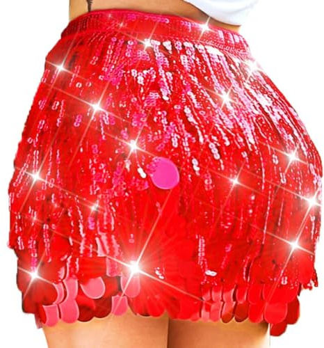Zoestar Jupe Rose à Paillettes Jupe de Danse Orientale Scintillante Costume de sirène pour Femme (FR/ES, Alpha/Lettres, Taille Unique, Taille Normale, Taille Normale, Rouge)