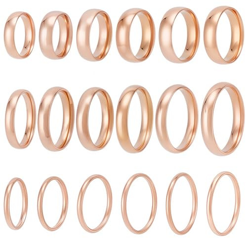 SUNNYCLUE 1 Box 18pcs Rose Gold Rings Finger Rings Set US Size 5/6/7/8/9/10/11 Stainless Steel Smooth Wide Wedding Band Stackable Blank Finger Jewellery Pack for Men Adults Wedding Proposal Christmas