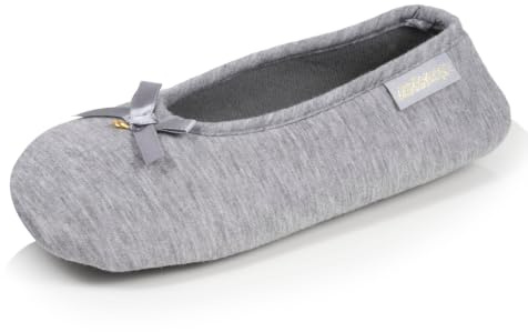 Isotoner Chaussons ballerines Femme Gris nœud satiné 35/36 | Pantoufle Ballerines jersey, semelle gomme antidérapante, chaudes et confortables - Lavable machine 30°C