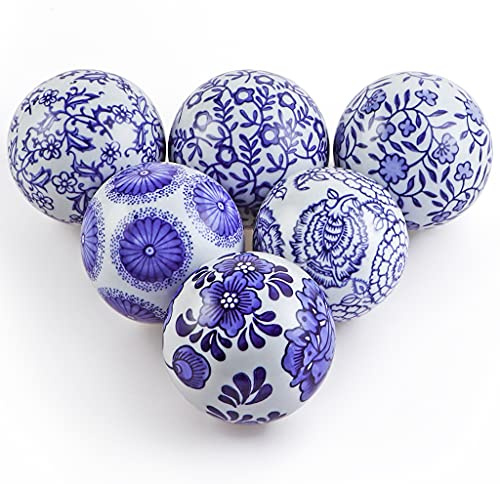 Sanbege Decorative Porcelain Balls, 3 Centerpiece Balls Set, Floating Ceramic Orbs Spheres for Bowl, Vase, Basket, Dish, Fish Tank, Home Decor, Pack of 6 (Blue and White)
