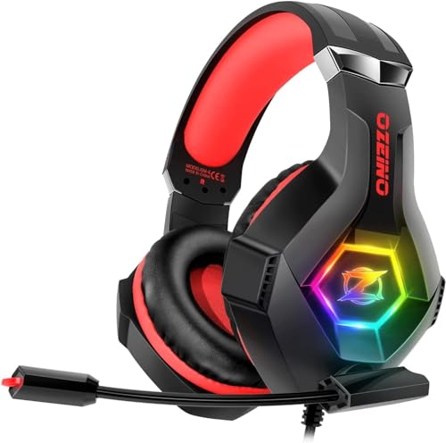 Ozeino Casque de Jeu pour PC, PS4, PS5, Xbox, Casque de Jeu avec Suppression du Bruit, Micro Flexible, Cache-Oreilles, lumière RVB pour téléphone, commutateur, Mac - Rouge