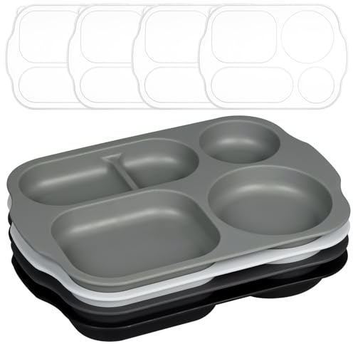 Greentainer Menüteller 4 PCS Geteilte Teller mit deckel Set,5-Fächer 28cm PP Platte,Unzerbrechliche und Bruchfeste Trennteller für Kinder & Erwachsene, Tafelservice Mikrowellen & Spülmaschinenfest